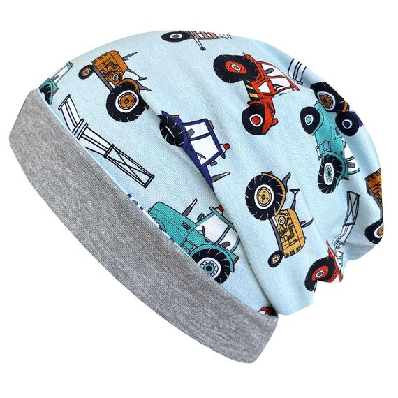 Wollhuhn Kinder Beanie – Zweilagige Longbeanie aus Jersey, wendbar & weich – innen grau – Handmade in Deutschland – ganzjährig (DE/NL/SE/PL, Numerisch, 52, 54, Trecker Hellblau/Mint)
