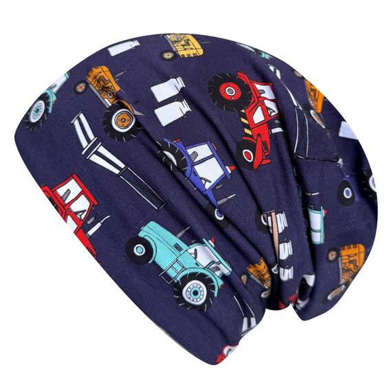 Wollhuhn Kinder Beanie – Zweilagige Longbeanie aus Jersey, wendbar & weich – innen grau – Handmade in Deutschland – ganzjährig (DE/NL/SE/PL, Numerisch, 52, 54, Trecker Dunkelblau/Bunt)