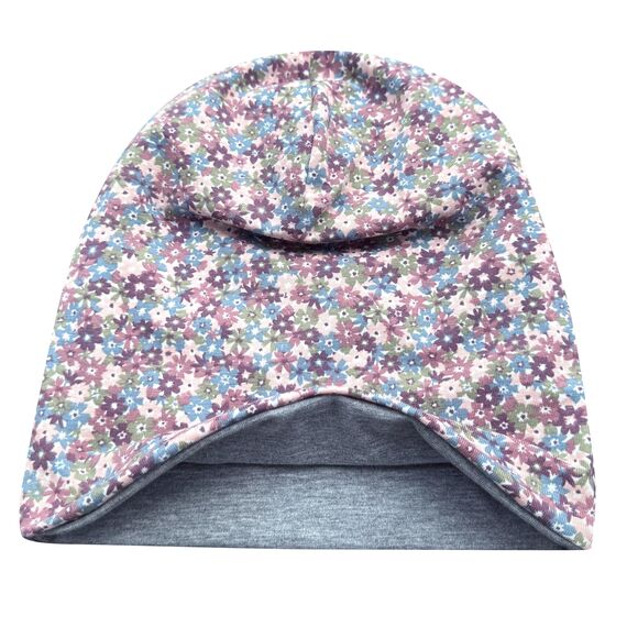 Wollhuhn Kinder Beanie – Zweilagige Longbeanie aus Jersey, wendbar & weich – innen grau – Handmade in Deutschland – ganzjährig (DE/NL/SE/PL, Numerisch, 52, 54, Blümchen Dark/Pastell)