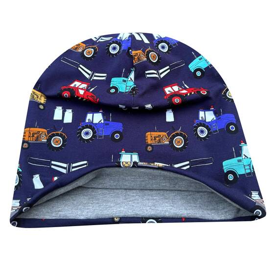Wollhuhn Kinder Beanie – Zweilagige Longbeanie aus Jersey, wendbar & weich – innen grau – Handmade in Deutschland – ganzjährig (DE/NL/SE/PL, Numerisch, 52, 54, Trecker Dunkelblau/Bunt)