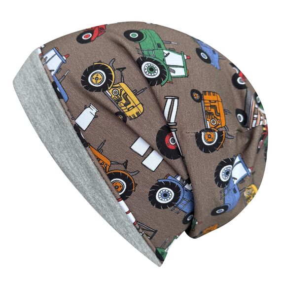 Wollhuhn Kinder Beanie – Zweilagige Longbeanie aus Jersey, wendbar & weich – innen grau – Handmade in Deutschland – ganzjährig (DE/NL/SE/PL, Numerisch, 52, 54, Trecker Braun/Bunt)