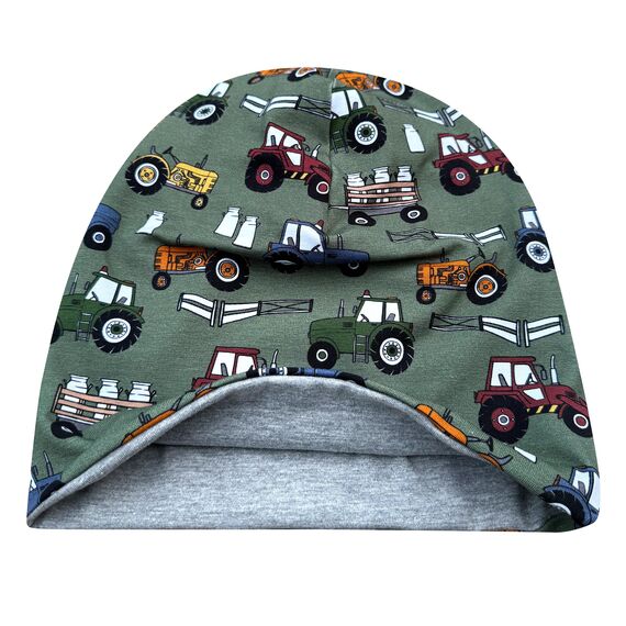 Wollhuhn Kinder Beanie – Zweilagige Longbeanie aus Jersey, wendbar & weich – innen grau – Handmade in Deutschland – ganzjährig (DE/NL/SE/PL, Numerisch, 52, 54, Trecker Grün/Bunt)