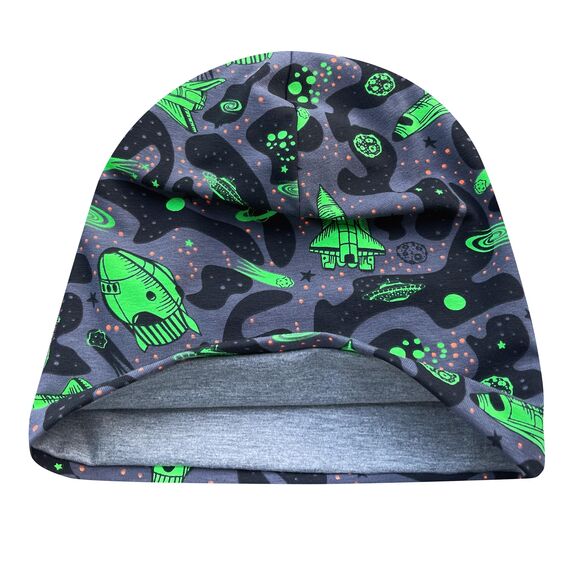 Wollhuhn Kinder Beanie – Zweilagige Longbeanie aus Jersey, wendbar & weich – innen grau – Handmade in Deutschland – ganzjährig (DE/NL/SE/PL, Numerisch, 52, 54, Space Neon Grün)
