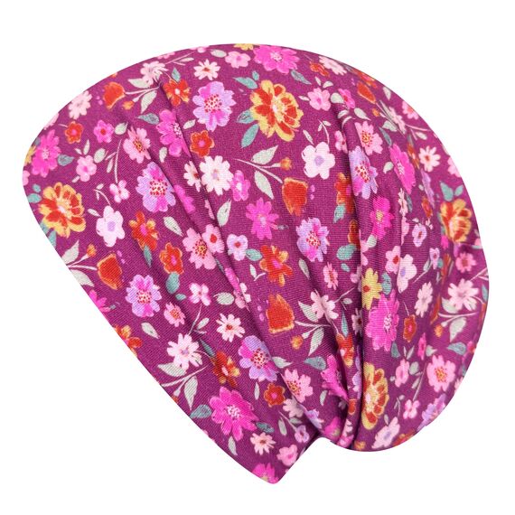 Wollhuhn Kinder Beanie – Zweilagige Longbeanie aus Jersey, wendbar & weich – innen grau – Handmade in Deutschland – ganzjährig (DE/NL/SE/PL, Numerisch, 52, 54, Blumen Beere)
