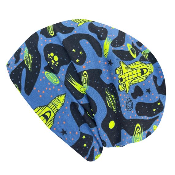 Wollhuhn Kinder Beanie – Zweilagige Longbeanie aus Jersey, wendbar & weich – innen grau – Handmade in Deutschland – ganzjährig (DE/NL/SE/PL, Numerisch, 56, 58, Space Neon Gelb)