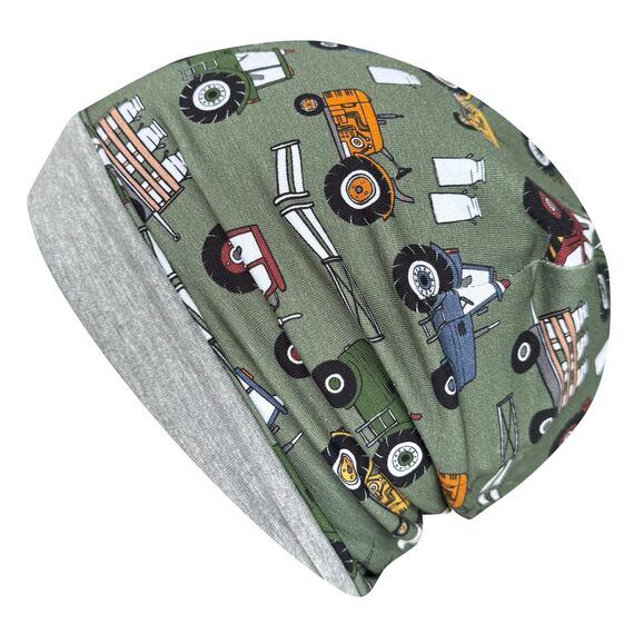 Wollhuhn Kinder Beanie – Zweilagige Longbeanie aus Jersey, wendbar & weich – innen grau – Handmade in Deutschland – ganzjährig (DE/NL/SE/PL, Numerisch, 52, 54, Trecker Grün/Bunt)