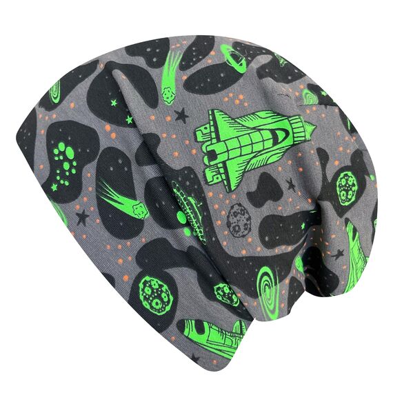 Wollhuhn Kinder Beanie – Zweilagige Longbeanie aus Jersey, wendbar & weich – innen grau – Handmade in Deutschland – ganzjährig (DE/NL/SE/PL, Numerisch, 52, 54, Space Neon Grün)