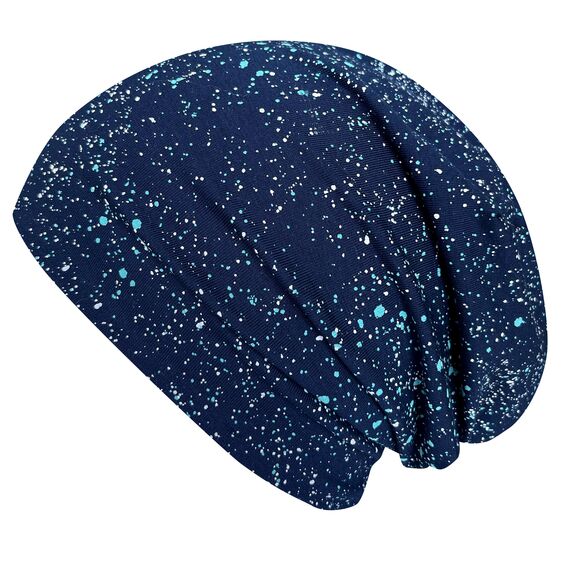 Wollhuhn Kinder Beanie – Zweilagige Longbeanie aus Jersey, wendbar & weich – mit Grauer Innenseite – Handmade in Deutschland – ganzjährig tragbar (Galaxy Sprenkel Blau, M, 52-54)