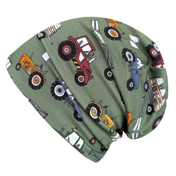 Wollhuhn Kinder Beanie – Zweilagige Longbeanie aus Jersey, wendbar & weich – innen grau – Handmade in Deutschland – ganzjährig (DE/NL/SE/PL, Numerisch, 52, 54, Trecker Grün/Bunt)