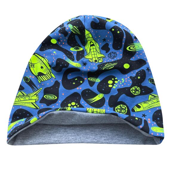 Wollhuhn Kinder Beanie – Zweilagige Longbeanie aus Jersey, wendbar & weich – innen grau – Handmade in Deutschland – ganzjährig (DE/NL/SE/PL, Numerisch, 48, 50, Space Neon Gelb)