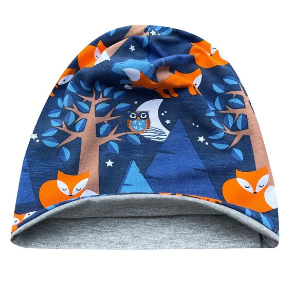 Wollhuhn Kinder Beanie – Zweilagige Longbeanie aus Jersey, wendbar & weich – innen grau – Handmade in Deutschland – ganzjährig (DE/NL/SE/PL, Numerisch, 48, 50, Nightfox Dunkelblau/Orange)