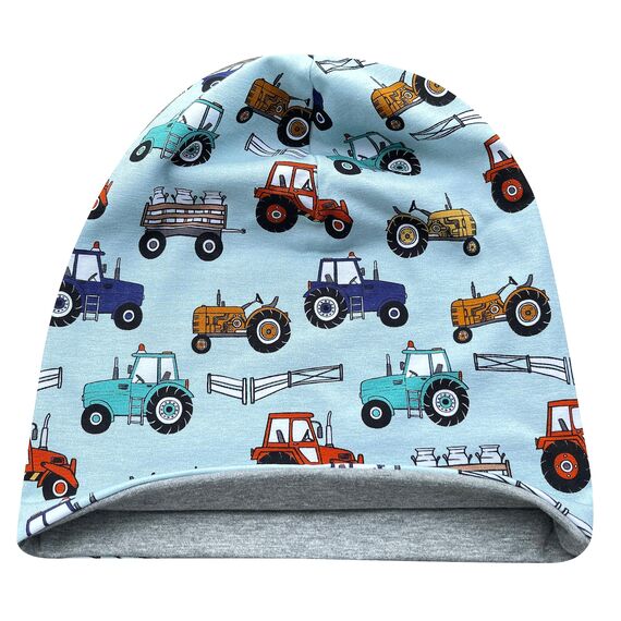Wollhuhn Kinder Beanie – Zweilagige Longbeanie aus Jersey, wendbar & weich – innen grau – Handmade in Deutschland – ganzjährig (DE/NL/SE/PL, Numerisch, 52, 54, Trecker Hellblau/Mint)