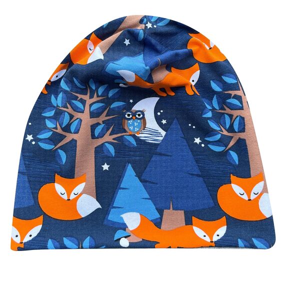 Wollhuhn Kinder Beanie – Zweilagige Longbeanie aus Jersey, wendbar & weich – innen grau – Handmade in Deutschland – ganzjährig (DE/NL/SE/PL, Numerisch, 48, 50, Nightfox Dunkelblau/Orange)