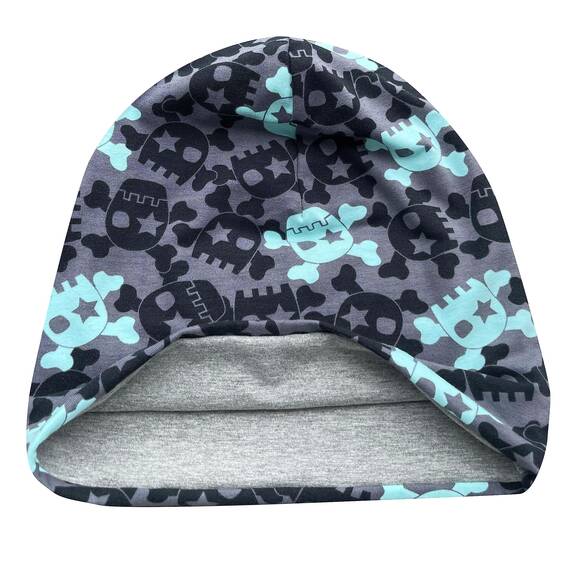 Wollhuhn Kinder Beanie – Zweilagige Longbeanie aus Jersey, wendbar & weich – innen grau – Handmade in Deutschland – ganzjährig (DE/NL/SE/PL, Numerisch, 52, 54, Coole Skulls Grau/Mint)