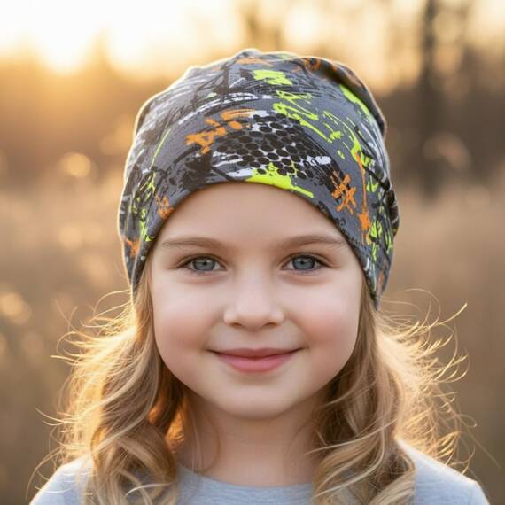 Wollhuhn Kinder Beanie – Zweilagige Longbeanie aus Jersey, wendbar & weich – mit Grauer Innenseite – Handmade in Deutschland – ganzjährig tragbar (Graffiti Grau/Bunt, L)