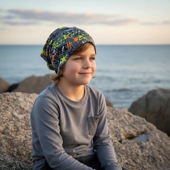 Wollhuhn Kinder Beanie – Zweilagige Longbeanie aus Jersey, wendbar & weich – mit Grauer Innenseite – Handmade in Deutschland – ganzjährig tragbar (Graffiti Grau/Bunt, L)