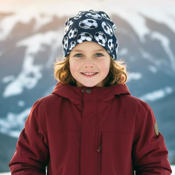 Wollhuhn Kinder Beanie – Zweilagige Longbeanie aus Jersey, wendbar & weich – innen grau – Handmade in Deutschland – ganzjährig (DE/NL/SE/PL, Numerisch, 56, 58, Fußball Dunkelblau)