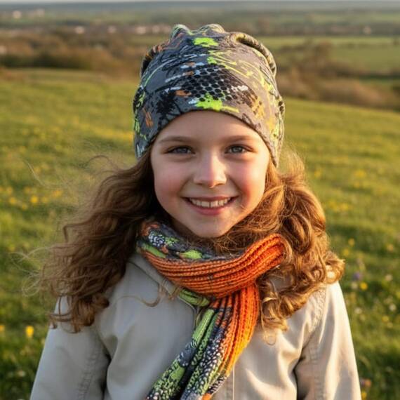 Wollhuhn Kinder Beanie – Zweilagige Longbeanie aus Jersey, wendbar & weich – mit Grauer Innenseite – Handmade in Deutschland – ganzjährig tragbar (Graffiti Grau/Bunt, L)
