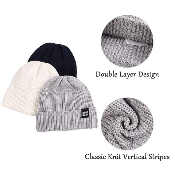 Pesaat Baby Mütze Jungen Strickmütze Weiche Baumwolle Mädchen Hut Kinder Schlupfmütze Warme Wintermütze 0-5 Jahren Winter,Herbst (0-6Monate, Weiß + Hellgrau + Marine)
