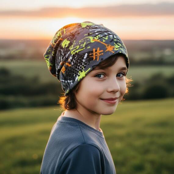 Wollhuhn Kinder Beanie – Zweilagige Longbeanie aus Jersey, wendbar & weich – mit Grauer Innenseite – Handmade in Deutschland – ganzjährig tragbar (Graffiti Grau/Bunt, L)