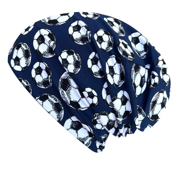 Wollhuhn Kinder Beanie – Zweilagige Longbeanie aus Jersey, wendbar & weich – innen grau – Handmade in Deutschland – ganzjährig (DE/NL/SE/PL, Numerisch, 56, 58, Fußball Dunkelblau)