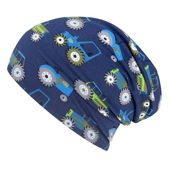Wollhuhn Kinder Beanie – Zweilagige Longbeanie aus Jersey, wendbar & weich – innen grau – Handmade in Deutschland – ganzjährig (DE/NL/SE/PL, Numerisch, 56, 58, Traktor/Trecker Dunkelblau)