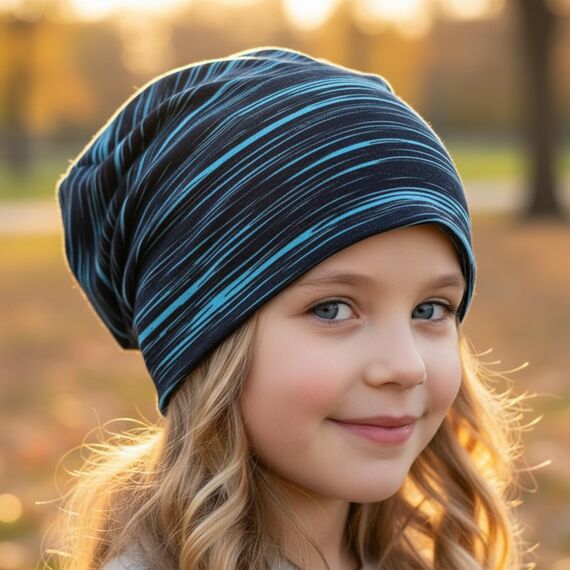 Wollhuhn Kinder Beanie – Zweilagige Longbeanie aus Jersey, wendbar & weich – mit Grauer Innenseite – Handmade in Deutschland – ganzjährig tragbar (Lines Türkis/Schwarz, L)