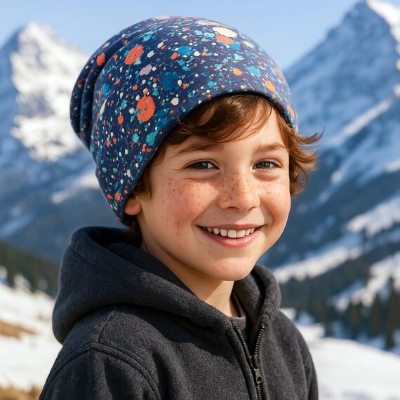 Wollhuhn Kinder Beanie – Zweilagige Longbeanie aus Jersey, wendbar & weich – mit Grauer Innenseite – Handmade in Deutschland – ganzjährig tragbar (Splatter Oliv/Orange, L, 56-58)