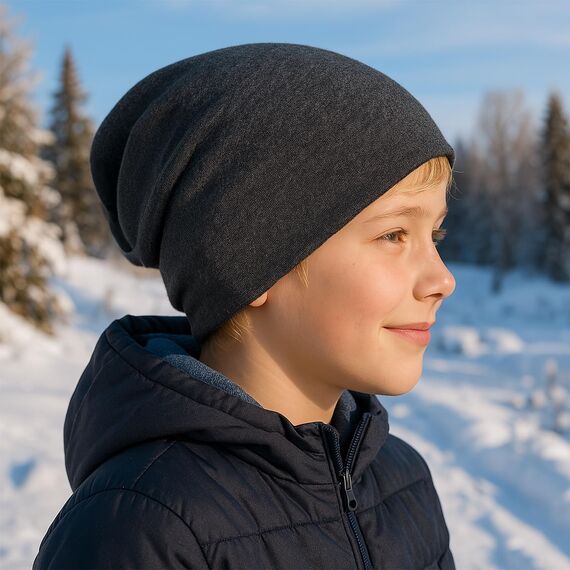 Wollhuhn Kinder Beanie – Zweilagige Longbeanie aus Jersey, wendbar & weich – innen grau – Handmade in Deutschland – ganzjährig (DE/NL/SE/PL, Numerisch, 56, 58, Einfarbig Dunkelgrau/Anthrazit)