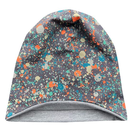 Wollhuhn Kinder Beanie – Zweilagige Longbeanie aus Jersey, wendbar & weich – mit Grauer Innenseite – Handmade in Deutschland – ganzjährig tragbar (Splatter Oliv/Orange, L, 56-58)