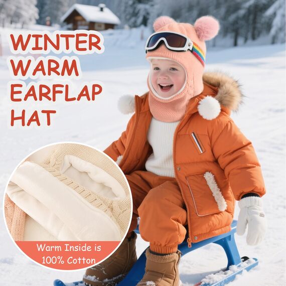 DRESHOW Kinder Wintermütze Warme Schal Schlupfmütze Strickmütze Kapuze Weiche Schalmütze mit Doppelt Bommel Pom Pom Beanie Mütze für Kleinkinder Jungen Mädchen 2-5 Jahre