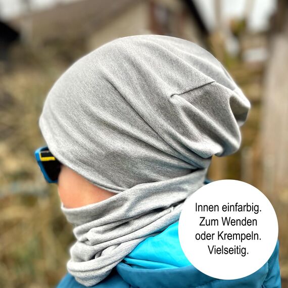 Wollhuhn Kinder Beanie – Zweilagige Longbeanie aus Jersey, wendbar & weich – innen grau – Handmade in Deutschland – ganzjährig (DE/NL/SE/PL, Numerisch, 56, 58, Einfarbig Dunkelgrau/Anthrazit)