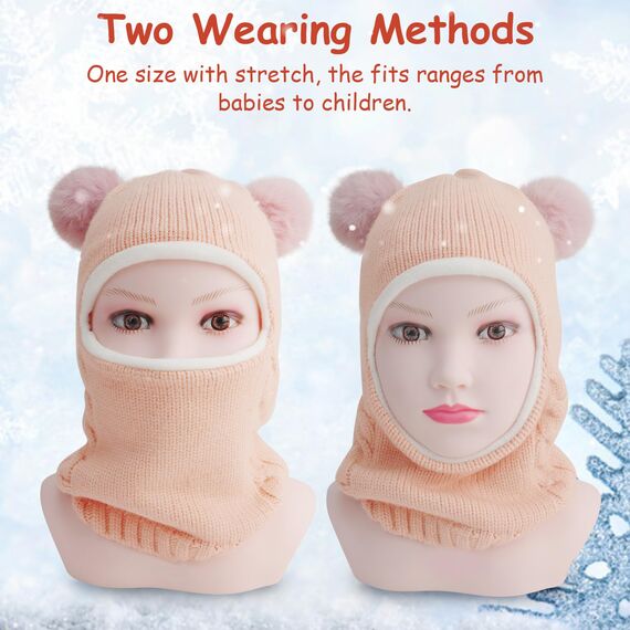 DRESHOW Kinder Wintermütze Warme Schal Schlupfmütze Strickmütze Kapuze Weiche Schalmütze mit Doppelt Bommel Pom Pom Beanie Mütze für Kleinkinder Jungen Mädchen 2-5 Jahre