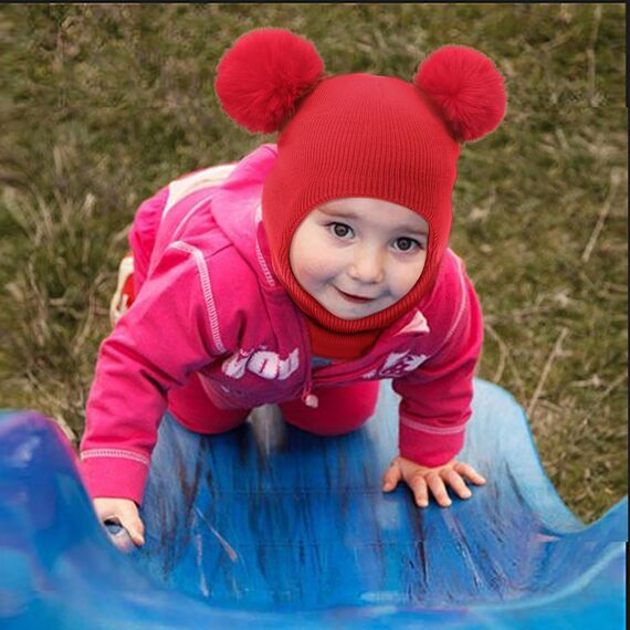 DRESHOW Kinder Wintermütze Warme Schal Schlupfmütze Strickmütze Kapuze Weiche Schalmütze mit Doppelt Bommel Pom Pom Beanie Mütze für Kleinkinder Jungen Mädchen 1-6 Jahre