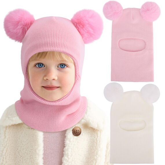DRESHOW Kinder Wintermütze Warme Schal Schlupfmütze Strickmütze Kapuze Weiche Schalmütze mit Doppelt Bommel Pom Pom Beanie Mütze für Kleinkinder Jungen Mädchen 1-6 Jahre