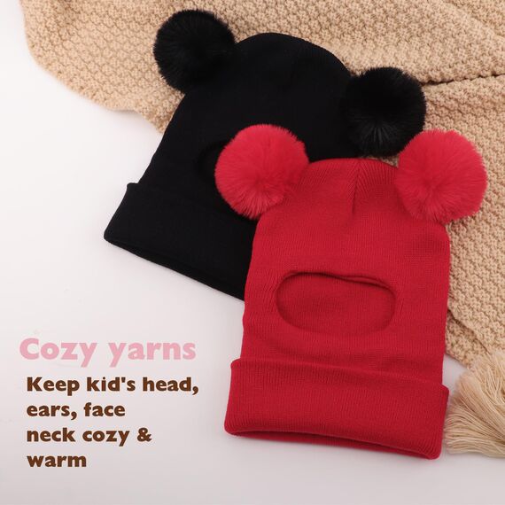 DRESHOW Kinder Wintermütze Warme Schal Schlupfmütze Strickmütze Kapuze Weiche Schalmütze mit Doppelt Bommel Pom Pom Beanie Mütze für Kleinkinder Jungen Mädchen 1-6 Jahre