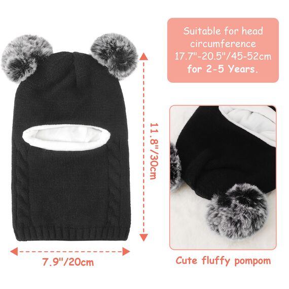 DRESHOW Kinder Wintermütze Warme Schal Schlupfmütze Strickmütze Kapuze Weiche Schalmütze mit Doppelt Bommel Pom Pom Beanie Mütze für Kleinkinder Jungen Mädchen 2-5 Jahre