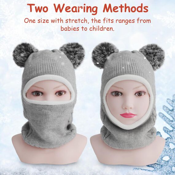 DRESHOW Kinder Wintermütze Warme Schal Schlupfmütze Strickmütze Kapuze Weiche Schalmütze mit Doppelt Bommel Pom Pom Beanie Mütze für Kleinkinder Jungen Mädchen 2-5 Jahre