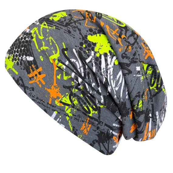Wollhuhn Kinder Beanie – Zweilagige Longbeanie aus Jersey, wendbar & weich – mit Grauer Innenseite – Handmade in Deutschland – ganzjährig tragbar (Graffiti Grau/Bunt, L)