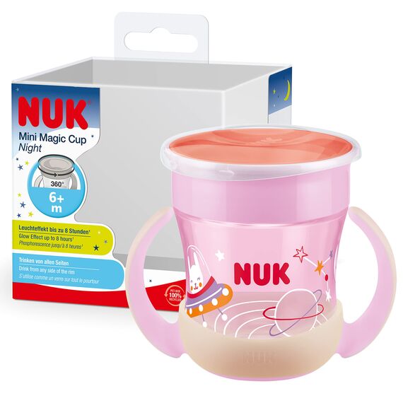 NUK Mini Magic Cup Night Trinklernbecher | 6+ Monate | 160 ml | 360° Auslaufschutz-Rand | Leuchtet im Dunkeln | Leicht zu greifende Griffe | BPA-frei & waschbar | Pink