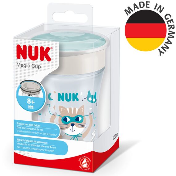 NUK Magic Cup Trinklernbecher | 8+ Monate | 230 ml | auslaufsicherer 360°-Trinkrand | BPA-frei | blaue Katze