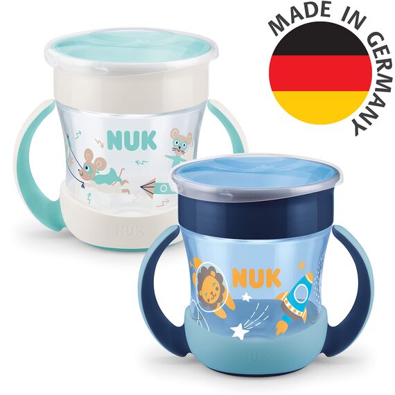 NUK Mini Magic Cup Night Trinklernbecher | 6+ Monate |160 ml | 360°-Auslaufschutz-Rand zum Trinken von jeder Seite | Leuchtet im Dunkeln | Griffe für einfaches Halten | BPA-frei | Löwe (blau) |2 Stück