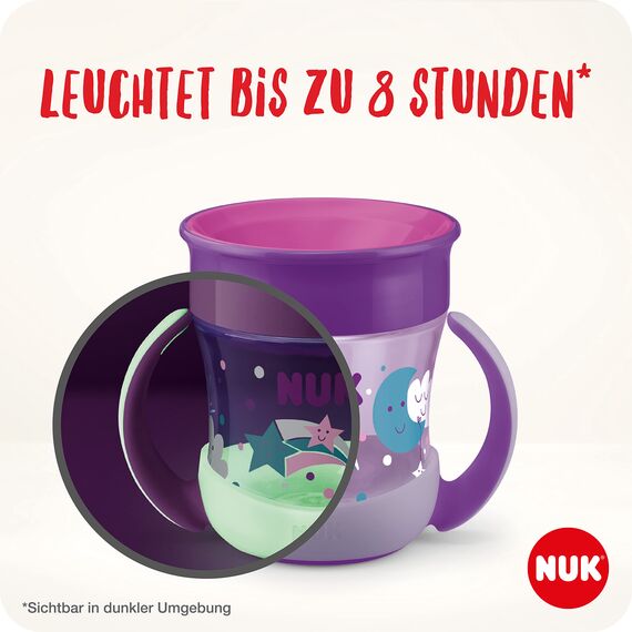 NUK Mini Magic CupNight Trinklernbecher | 6+ Monate | 160 ml | 360°-Auslaufschutz-Rand zum Trinken von jeder Seite |Leuchtet im Dunkeln | Griffe für einfaches Halten | BPA-frei| Häschen(rosa) |2 Stück