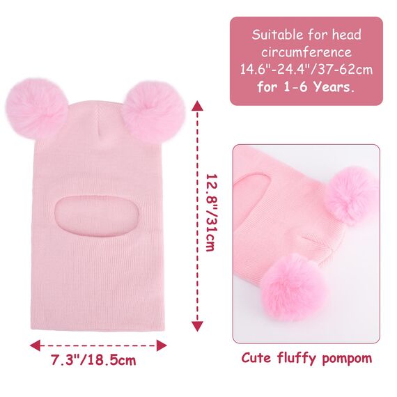 DRESHOW Kinder Wintermütze Warme Schal Schlupfmütze Strickmütze Kapuze Weiche Schalmütze mit Doppelt Bommel Pom Pom Beanie Mütze für Kleinkinder Jungen Mädchen 1-6 Jahre