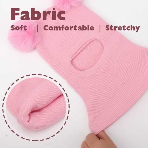 DRESHOW Kinder Wintermütze Warme Schal Schlupfmütze Strickmütze Kapuze Weiche Schalmütze mit Doppelt Bommel Pom Pom Beanie Mütze für Kleinkinder Jungen Mädchen 1-6 Jahre