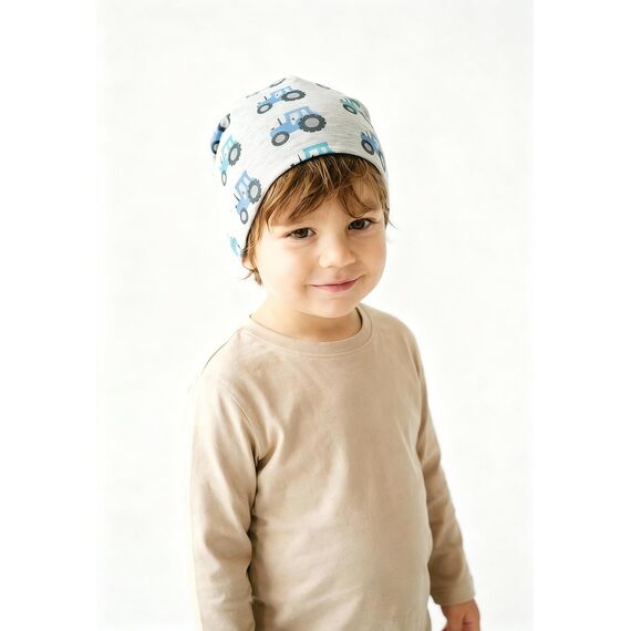 Sterntaler Beanie Traktor – Jungen Mütze aus Melange-Singlejersey mit UV-Schutz 50+ – Bedruckt mit Traktoren – Bequeme Kindermütze – Für Babys und Kleinkinder – Silber, Größe 49