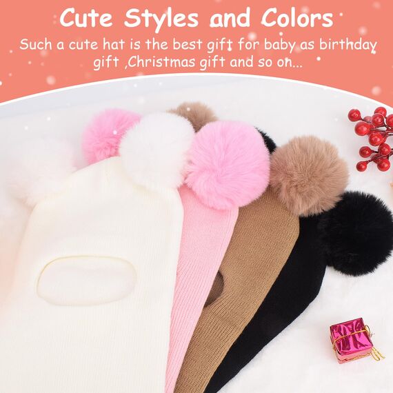 DRESHOW Kinder Wintermütze Warme Schal Schlupfmütze Strickmütze Kapuze Weiche Schalmütze mit Doppelt Bommel Pom Pom Beanie Mütze für Kleinkinder Jungen Mädchen 1-6 Jahre