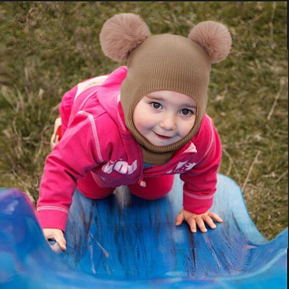 DRESHOW Kinder Wintermütze Warme Schal Schlupfmütze Strickmütze Kapuze Weiche Schalmütze mit Doppelt Bommel Pom Pom Beanie Mütze für Kleinkinder Jungen Mädchen 1-6 Jahre