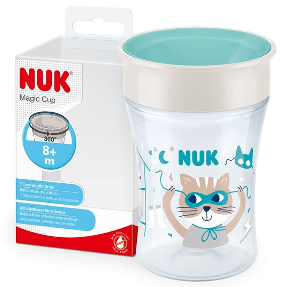 NUK Magic Cup Trinklernbecher | 8+ Monate | 230 ml | auslaufsicherer 360°-Trinkrand | BPA-frei | blaue Katze
