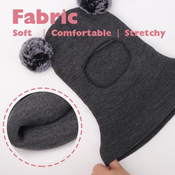 DRESHOW Kinder Wintermütze Warme Schal Schlupfmütze Strickmütze Kapuze Weiche Schalmütze mit Doppelt Bommel Pom Pom Beanie Mütze für Kleinkinder Jungen Mädchen 1-6 Jahre